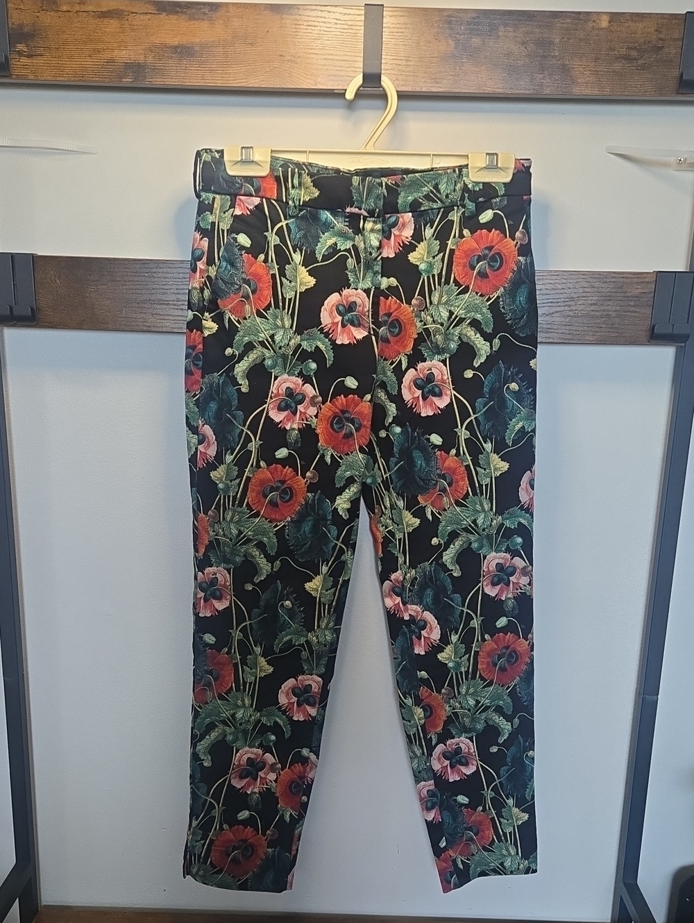 H&M Black Floral Print Pants with Red & Pink Poppies